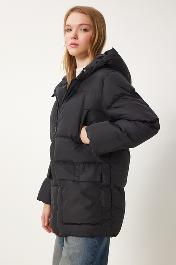 Happiness İstanbul Schwarze Pufferjacke mit Kapuze für Damen HK00023
