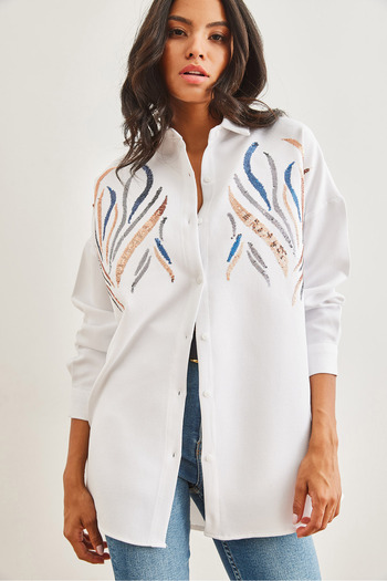 Olalook Women's White Sequined Wool Effect Oversize Winter Shirt Gml- 19001157