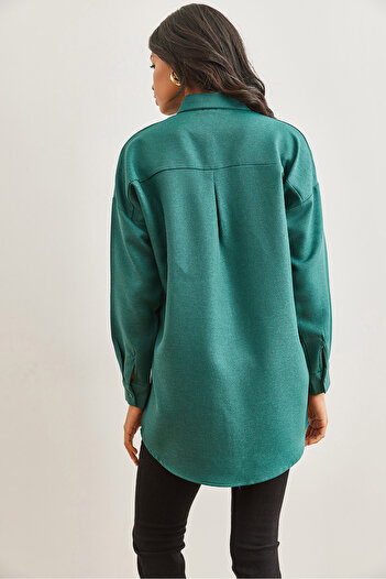 Olalook Women's Emerald Green Sequined Wool Effect Oversize Winter Shirt Gml- 19001157