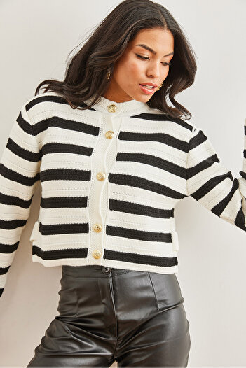 Olalook Women's White Honeycomb Braided Striped Knitwear Cardigan Hrk- 19000316