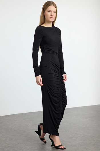 Trendyol Collection Flexible Midi Knitted Dress - Black, Drape Detail, Fitted Twoaw25El00561