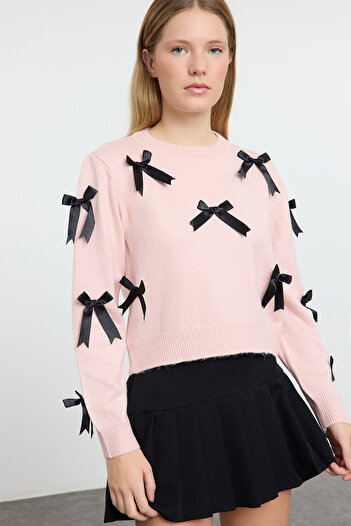 Trendyol Collection Soft Textured Pink Knitwear Sweater - Twoaw25Kz00155 with Ribbon and Bow Detail