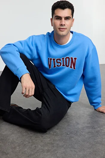 Trendyol Collection Φούτερ Unisex Μπλε κεντημένο Oversize Fleece - TMNAW25SW00015