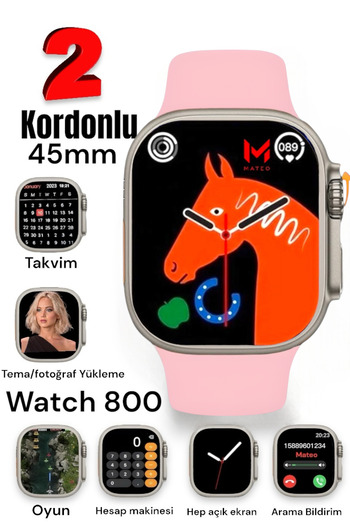 MATEO Akıllı Saat Watch 8 Ultra 45mm 1.99 Inç Türkçe Tüm Telefonlara Uyumlu Bluetooth Arama Gri Smartwatch