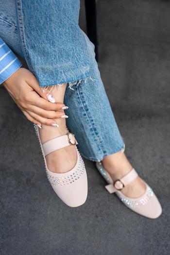 LAMİNTA Kino Ten Stone Detailed Blunt Toe Buckle Women's Ballerinas