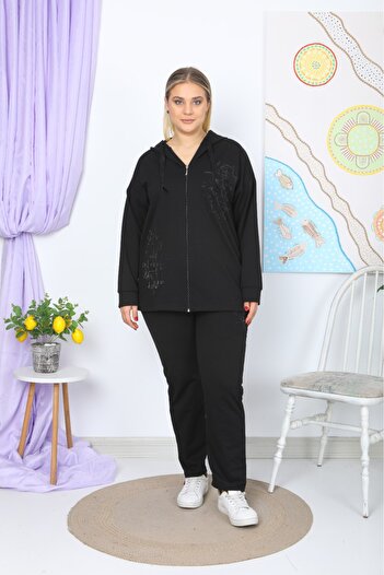 MODA LİZZA SET DE TRANSPORT NEGRU CU GUGĂ, IMPRIMAT PIATRA, MĂRI PLUS, FEMEI