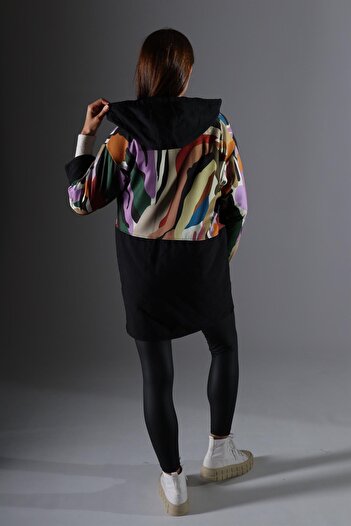 shE tekstil Printed Snap-On Hooded Black Jacket