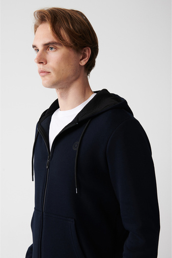 Avva Men's Navy Blue Hooded Raised 3 Thread Zippered Sweatshirt E 001019