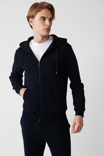 Avva Men's Navy Blue Hooded Raised 3 Thread Zippered Sweatshirt E 001019
