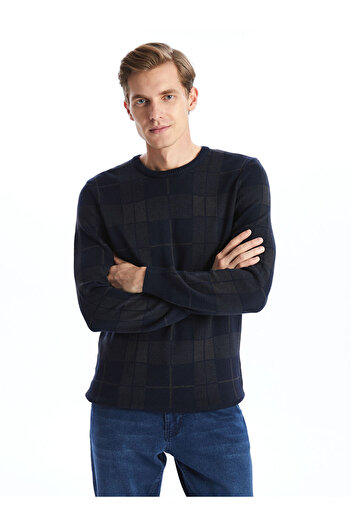 LC Waikiki Crew Neck Long Sleeve Plaid Men's Knitwear Sweater