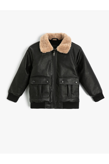 Koton Lederjacke mit Plüschkragen und Reißverschluss – Taschendetail