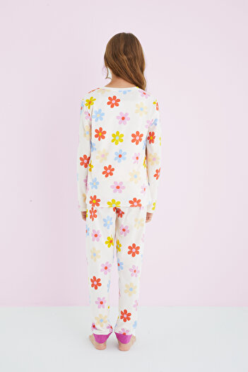 Siyah İnci Kız Çocuk Krem Renkli Çiçek Desenli Pamuklu Pijama Takım 24225701