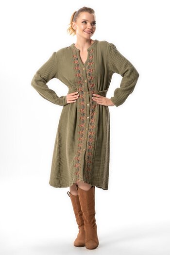 Eliş Şile Bezi Khaki Colored Long Sleeve Embroidered Muslin Double Dress - V-Neck, Autumn and Winter