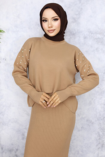 benguen 6109 Model Mink Knitwear Gilet Set - Pearl Detailed