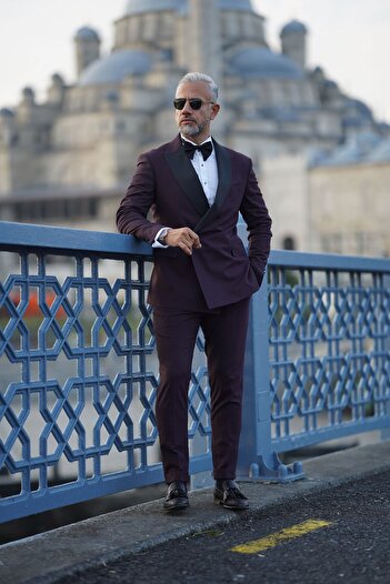 Fc Plus Bordo Damatlık Çıkma Yakalı Kruvaze Takım Elbise - Slim Fit