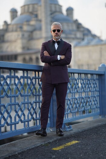 Fc Plus Bordo Damatlık Çıkma Yakalı Kruvaze Takım Elbise - Slim Fit