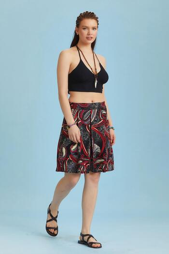 Los banditos Relaxed Cut Elastic Waist Black Patterned Pleated Short Skirt