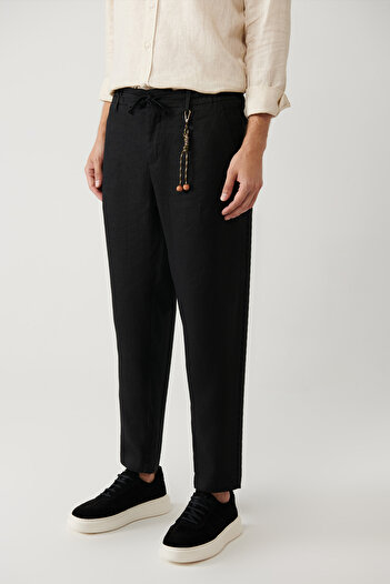 Avva Erkek Siyah Beli Lastikli %100 Keten Relaxed Fit Pantolon B003032