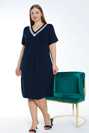 İntensive Navy Blue Polka Dot Short-Sleeved Lace Lycra Women's Large Size Nightgown