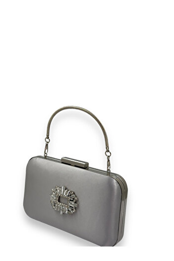 MidStore Mink Color Satin Silver Case Silver Stone Handle Evening Evening Bag Wedding Portfolio