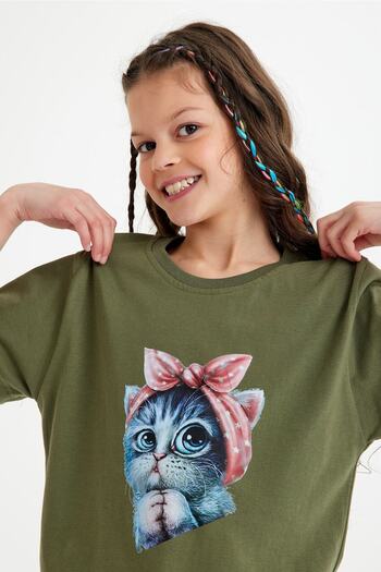 CC STORE Pink Ribbon Cat Printed Children's T-Shirt for Ages 5 - 15