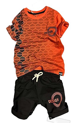 Riccotarz Boy's Honeycomb Pattern and Design Printed Set with Vermilion Shorts