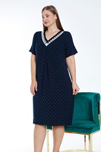 İntensive Navy Blue Polka Dot Short-Sleeved Lace Lycra Women's Large Size Nightgown