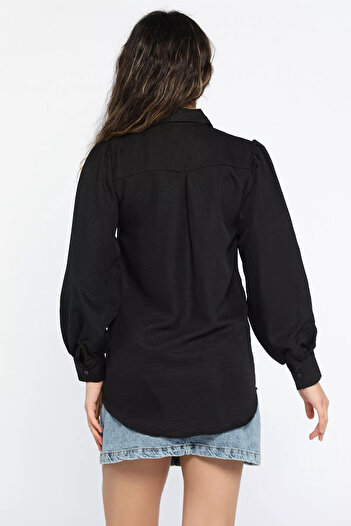 GÜLSELİ Black Women's Sequin Detailed Tasseled Balloon Sleeve Shirt