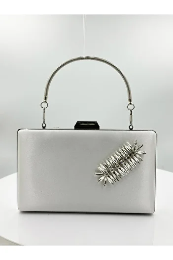 Wedding Fashion Ecru Satin Evening Bag - With Silver Case and Stone Detail, Portfolio for Wedding and Engagement