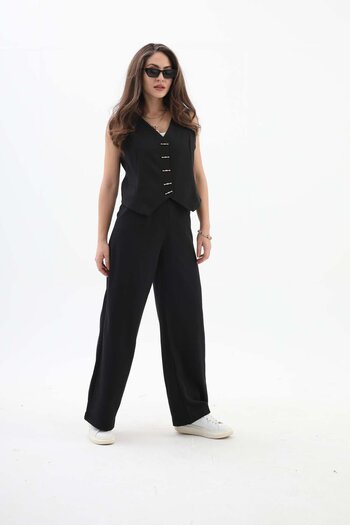 VAPUR TEKSTİL Wide Leg Palazzo Fabric Trousers - Black