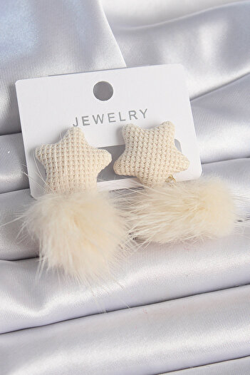 BESKAR Cream Colored Feather Pompom Model Women's Earrings
