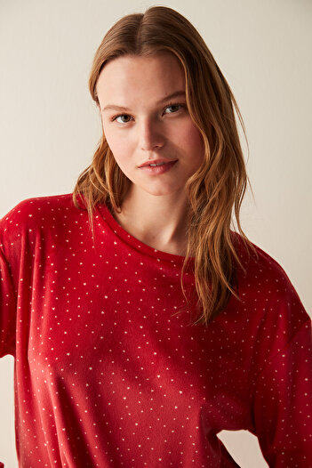 Penti Yıldız Desenli Kırmızı Fuzzy Sweatshirt Pijama Üstü