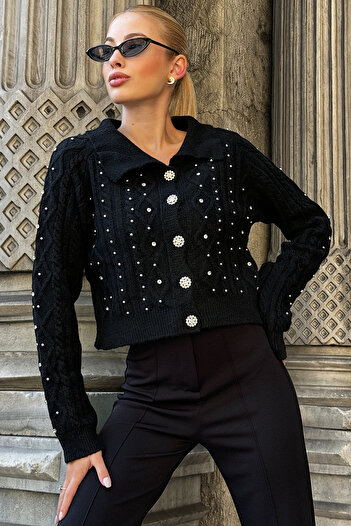 VAGGON Women's Black Embroidered Knitwear Cardigan Vs00005