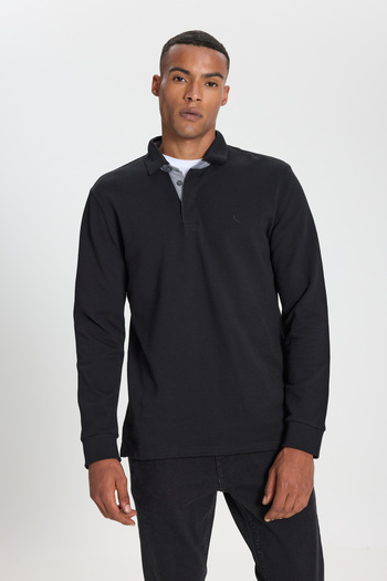 ALTINYILDIZ CLASSICS 100% Cotton Slim Fit Slim Fit Polo Collar Long Sleeve Black Long Sleeve T-Shirt