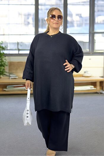 yagmurberen Low Sleeve Mini Slitter Detail Tunic Waist Elastic Pants Extra Large Size Winter Knit Set