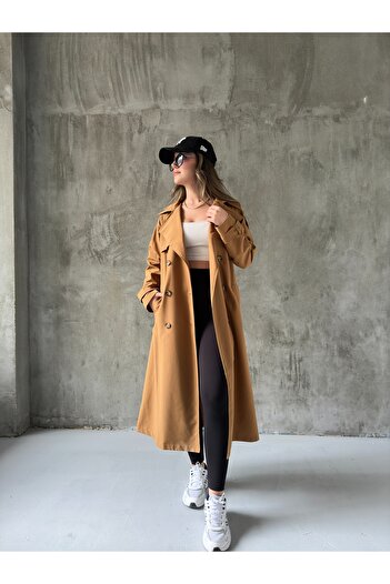 Asfa Moda Women's Tan Double Breasted Buttoned Belted Waist Tied Long Trench Coat with Sleeve Belt