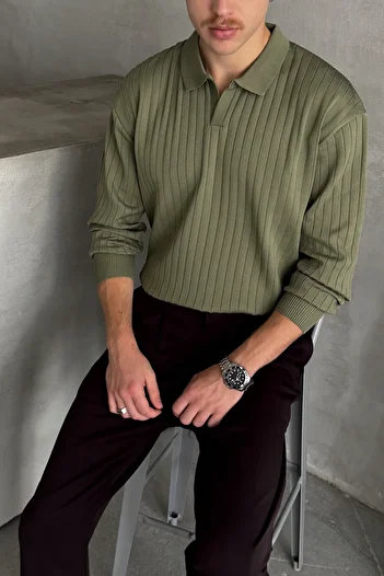 HYMAN Men's Polo Collar Ribbed Oversize Knitwear Sweater