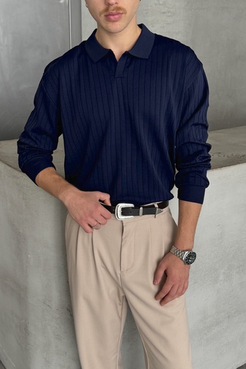 HYMAN Men's Polo Collar Ribbed Oversize Knitwear Sweater