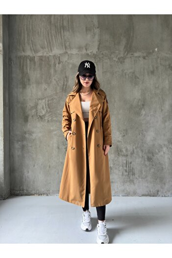 Asfa Moda Women's Tan Double Breasted Buttoned Belted Waist Tied Long Trench Coat with Sleeve Belt
