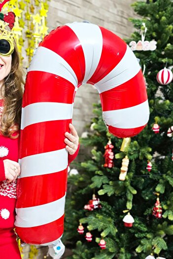 PEKSHOP Büyük Kırmızı Beyaz Baston Şeker Folyo Balon Yılbaşı Süslemesi Büyük Baston Şeker Balon 90cm