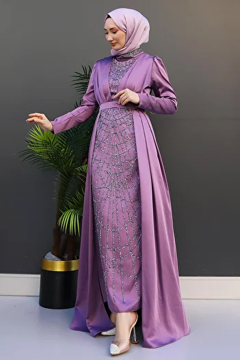 GİZ AGİYİM Lilac Embroidered Cloak Evening Dress