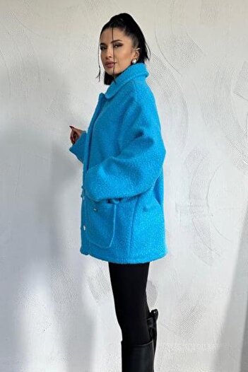 Ded COLLECTION Kadın Cep Kapaklı Düğme Detaylı Yumoş Kumaş Astarlı Teddy Tarz Oversize Kaban Ceket