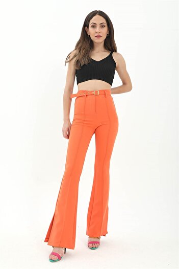 VAPUR Orange Atlas Fabric - Spanish Leg Trousers with Side Slits and Belt