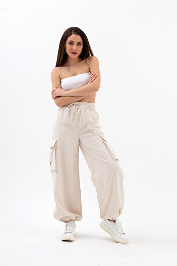VAPUR TEKSTİL High Waist and Elastic Leg Parachute Fabric Trousers - Stone