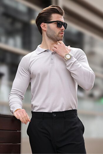 Madmext Gray Polo Collar Textured Long Sleeve Sweater E7264