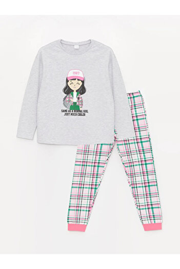 LC Waikiki Lcw Kids Gray Melange Crew Neck Printed Long Sleeve Girl's Pajamas Set