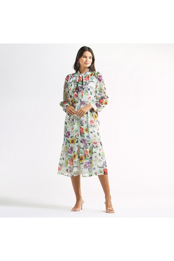 FAV All-Over Floral Print Tiered Dress with Bow Collar and Long Sleeves