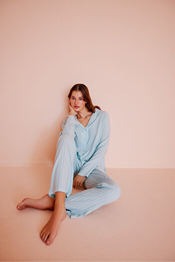 Penti Base Josie Striped Mint Yeşili Gömlek Pantolon Pijama Takımı