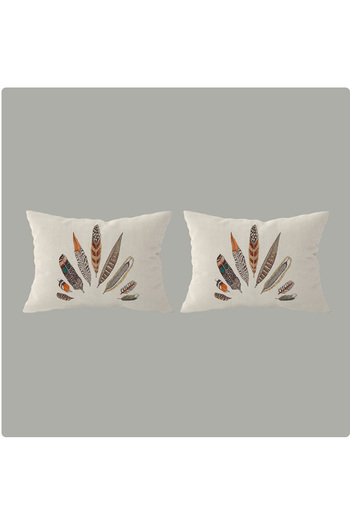 Sakallı Beige Velvet 2-Piece Pillow Set - Lucky Feather Pattern, Decorative Gift, 32X52