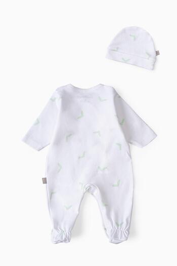 Boumini White Patterned Baby Romper and Hat Set - with Booties
